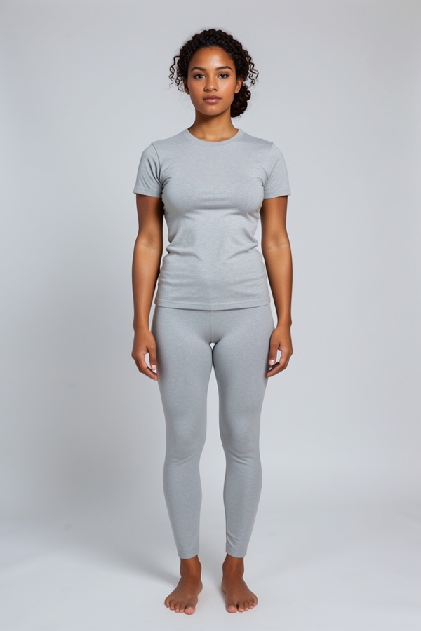 A hourglass model with brown skin from the gallery, in grey basics